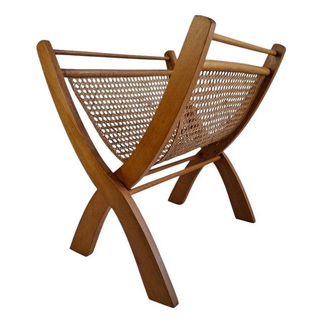 Mid-Century Wooden and Rattan Folding Magazine Rack, Former Czechoslovakia, 1960 For Sale
