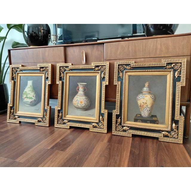 1970s 1970s signed “J. Ronald” Chinoiserie Still Life Paintings in Hollywood Regency Frames - Set of Three For Sale - Image 5 of 6