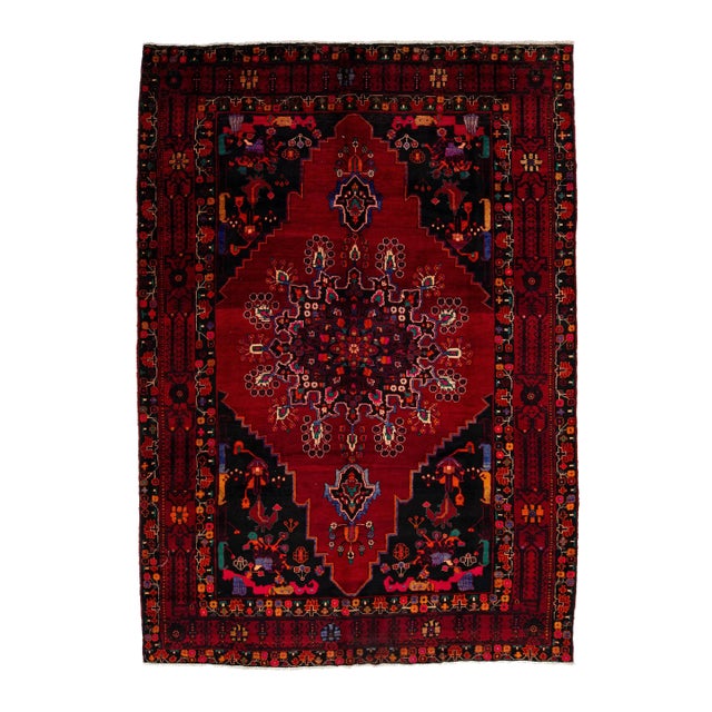 7' X 10' Room Size | 1950s Bidjar Persian Wool Rug With Red Rosette Motif For Sale