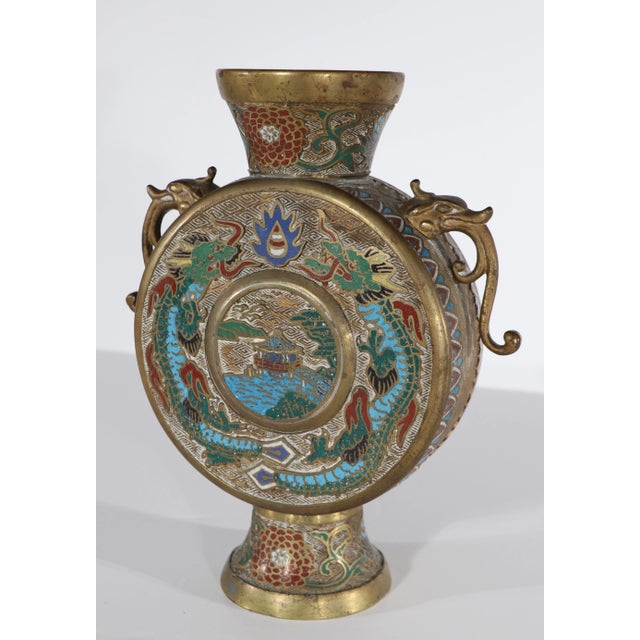 Metal Vintage Chinese Handled Vase With Scenic Enameled Decorative Elements For Sale - Image 7 of 11