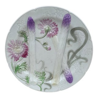 Majolica Asparagus Plate With Mums Keller & Guerin Saint Clement For Sale