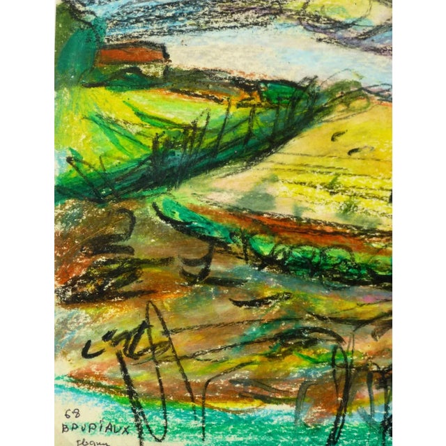 Engaging oil pastel abstract landscape painting of rolling hills under colorful clouds by French artist Odette Bruriaux,...