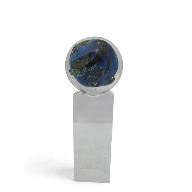 Blue Josh Simpson Inhabited Planet Earth Art Glass Marble Sculpture Paperweight For Sale - Image 8 of 10