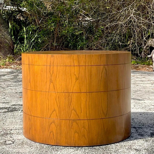 Late 20th Century Vintage Boho Three Band Wood Drum Table For Sale In West Palm - Image 6 of 7