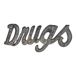 Vintage Oversized Metal “Drugs” Pharmacy Marquee Sign, 70" For Sale