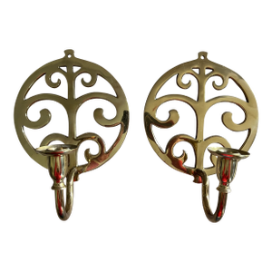 Vintage Brasscrafters Polished Brass Modern Scrollwork "Tree of Life" Wall Candle Sconce Pair