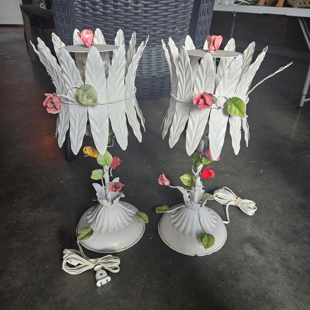 1960's Italian Tole Flower Lamps - a Pair For Sale - Image 10 of 12