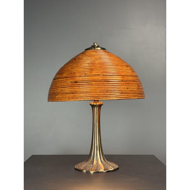 Red Mid-Century Modern Pencil Reed, Rattan, Bamboo and Brass Mushroom Table Lamp, 1970s For Sale - Image 8 of 17