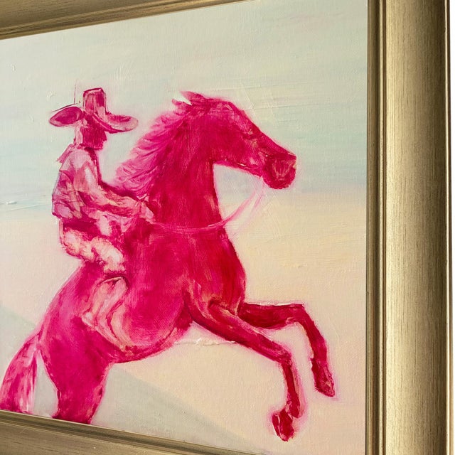 Western Art Pink Cowboy on Rearing Horse Original Oil Painting, Signed, Gold Frame by Tatiana Duperault For Sale - Image 4 of 4