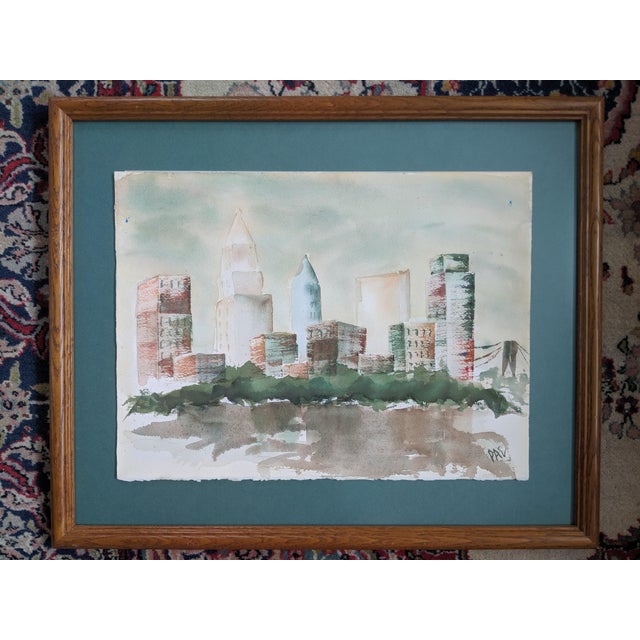 American Original Cityscape of Cleveland Ohio City Skyline Watercolor Painting For Sale - Image 3 of 7