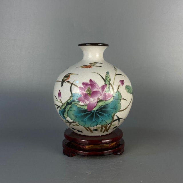 Vintage Chinese Crackle Glaze Famille Rose "Lotus & Koi" Vase With Stand - 17cm For Sale - Image 4 of 9