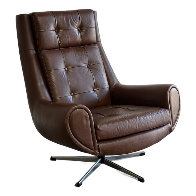 Dark Brown Tufted Leather Swivel Lounge Chair Danish Mid-Century Modern 1970s For Sale
