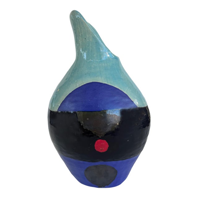 Large Substantial Modernist Studio Pottery Vase With Spout, Seafoam, Blue, Black For Sale