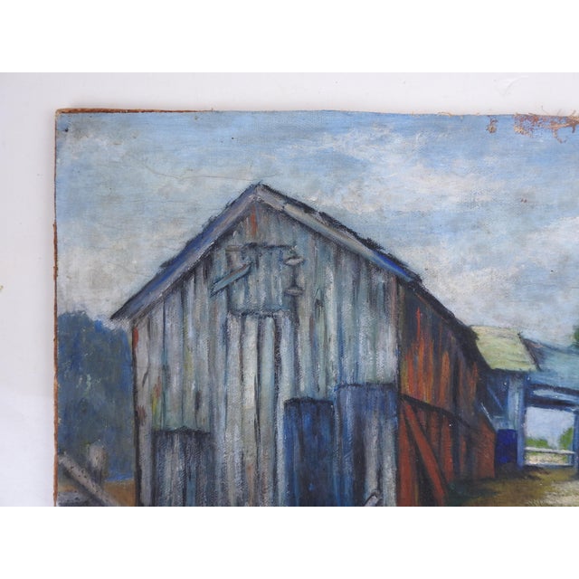 Rustic Vintage Mid 20th Century Pastoral Farm Scene With Cow Painting For Sale - Image 3 of 7