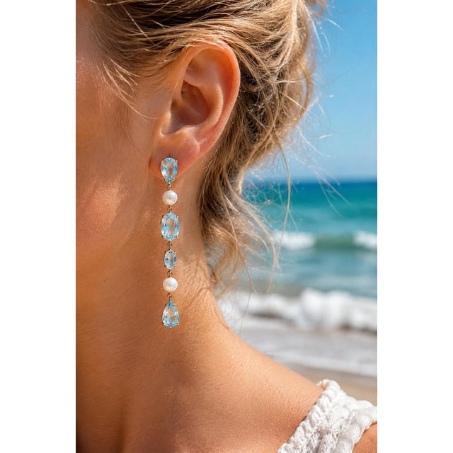 Topaz & Pearl Drop Multi-Shape Earrings, Silver, Gold, Pair For Sale - Image 6 of 9