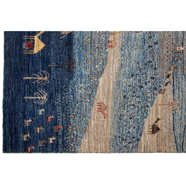 Handmade Modern Gabbeh Style Wool Rug in Blue With Pictorial Motif For Sale In New York - Image 6 of 8