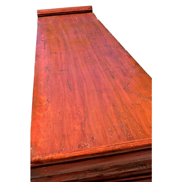 Monumental 8 Ft Extra Long 19th Century Chinese Console Altar Table Carved 5 Drawers Red Orange Green For Sale - Image 13 of 16