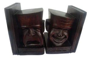 Late 20th Century Pair of Carved Wooden Comedy And Tragedy Bookends