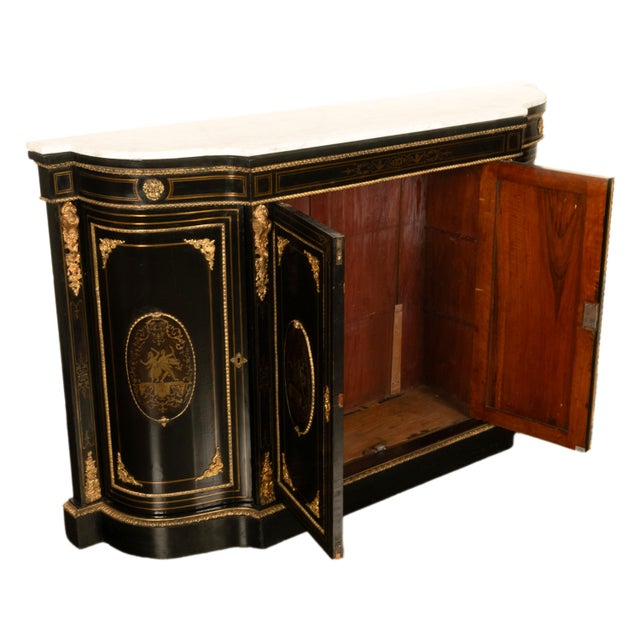 Wood 19th Century French Napoleon III Ormolu & Marble Ebonized Cabinet Sideboard 1860 For Sale - Image 7 of 17
