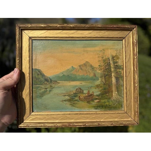 An evocative antique oil painting, painted on early composite board rather than canvas and dating to the late 1800s to...
