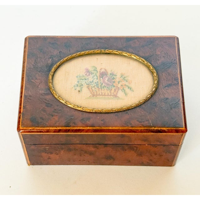 Mid 20th Century Mid Century Austrian Burlwood Box With Embroidered Insert For Sale - Image 5 of 13