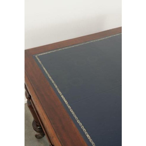 Large Antique English Library Writing Desk with a Dark Blue Leather Top, 19th Century For Sale - Image 13 of 15