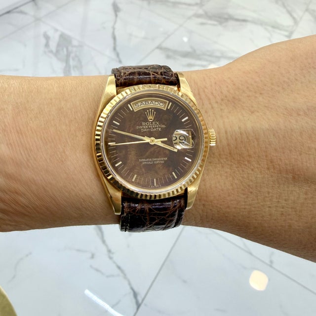 Vintage Rolex Day Date 36mm 18038 Spanish Wood Dial Brown Leather 18k Gold Watch For Sale - Image 10 of 10