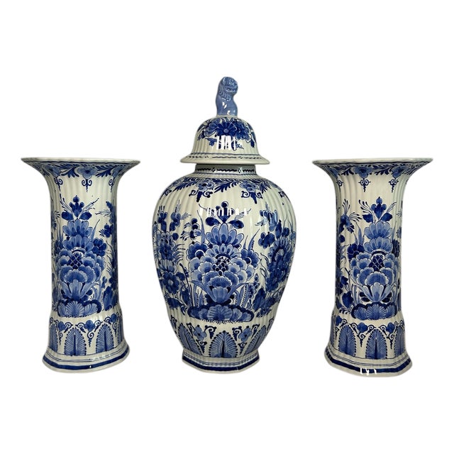 Vintage Three-Piece Delft Blue Garniture Set from Royal Delft, 1972, Set of 3 For Sale