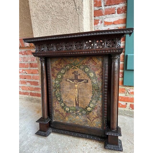 Antique French Gothic Devotional Cabinet Religious Painting Carved Oak Kneeler For Sale - Image 14 of 18