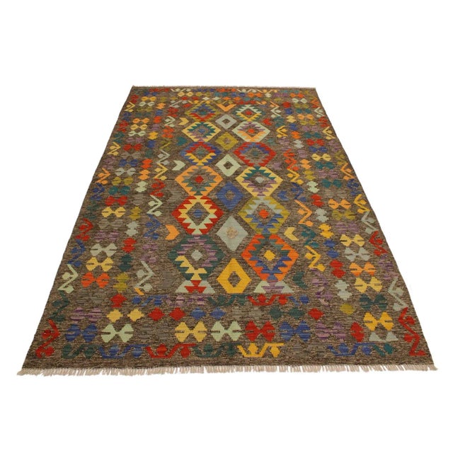 Tribal 1990s 1990s Boho Chic Kilim Brown Blue Wool Rug - 5'6" X 7'9" For Sale - Image 3 of 7