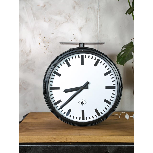 Black Large Double Sided TN Light Up Station Clock from Telenorma, 1950s For Sale - Image 8 of 16