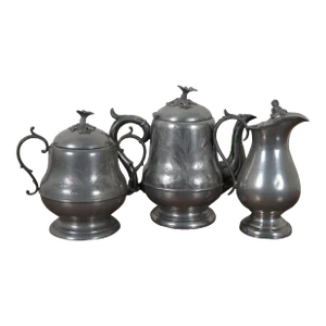 Late 19th Century Antique H. Homan & Co Pewter Tea Coffee Teapot, Sugar Bowl & Creamer - Set of 3