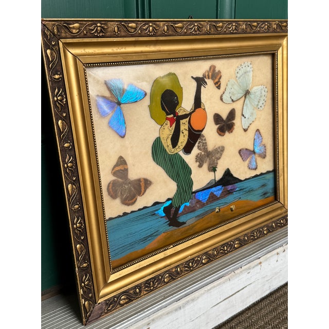 Blue Vintage African Folk Art Iridescent Morpho Butterfly Wing Mosaic Made in Brazil For Sale - Image 8 of 15