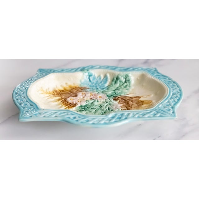 Farmhouse 19th Century English Majolica Turquoise Basketweave Floral Platter For Sale - Image 3 of 9