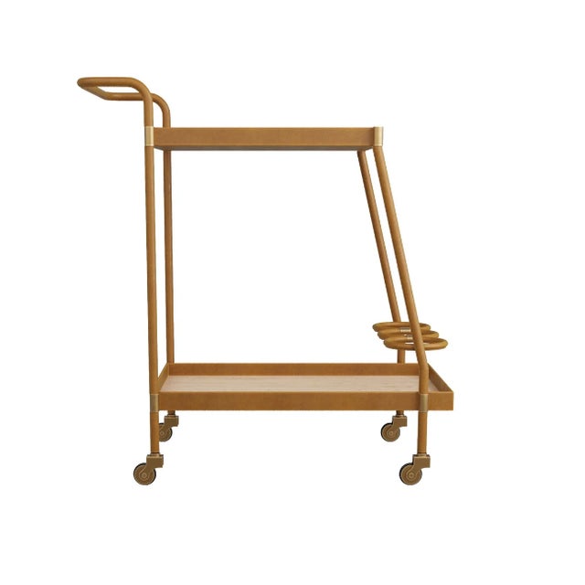 Wood Arteriors Bar Cart - Brand New - Cognac Leather, Blonde Oak & Antiqued Brass For Sale - Image 7 of 8