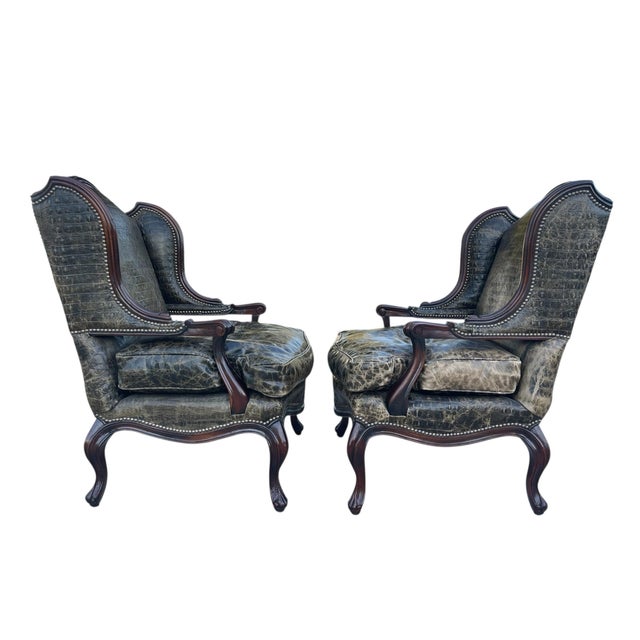 Rustic European Crocodile Embossed Leather Chairs by Old Hickory Tannery, a Pair, Wingback Chairs, Nailhead Trim, Style of Massoud Lettsworth Wing Chair For Sale - Image 3 of 12