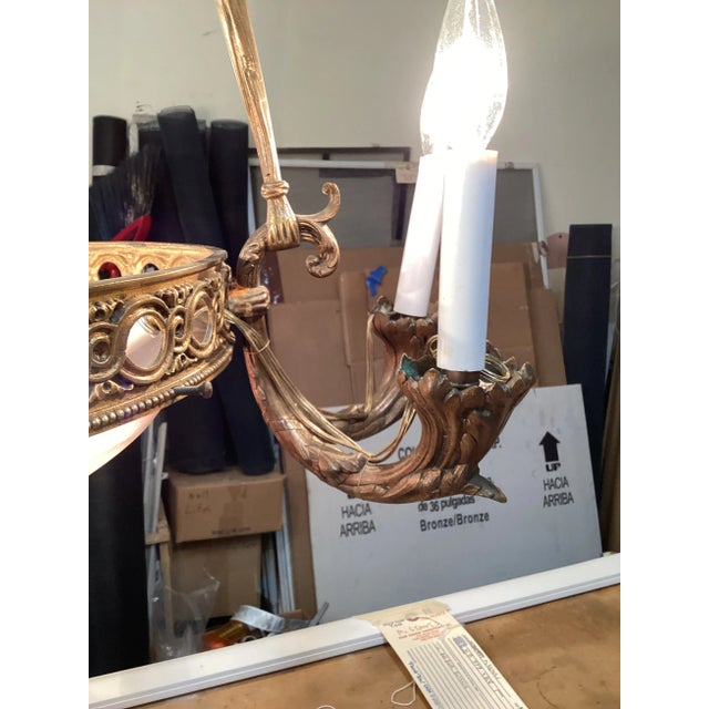 Bronze 1930s French Art-Deco Chandelier W/Art Glass Dome For Sale - Image 8 of 11