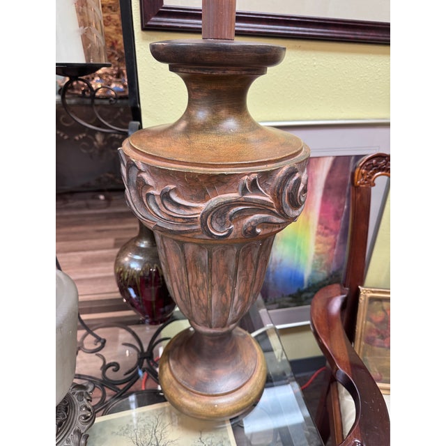 Rustic European Vintage Carved Wood Urn Table Lamp With Black Drum Shade – 36”h For Sale - Image 3 of 5