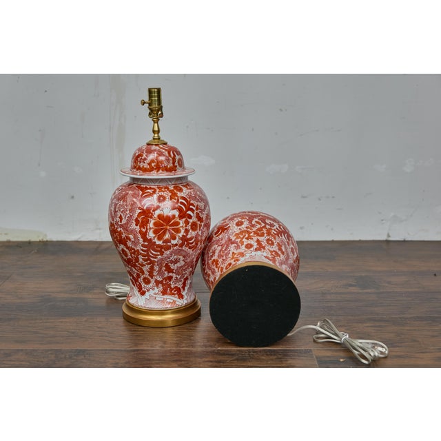 Chinese Pair of Red and White Porcelain Dragon Temple Jar Table Lamps For Sale - Image 3 of 12