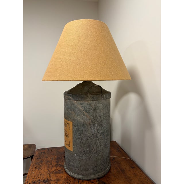 Metal Antique French Galvanized Lavender Canister Lamps With Original Labels & Custom Burlap Shades - a Pair For Sale - Image 7 of 17