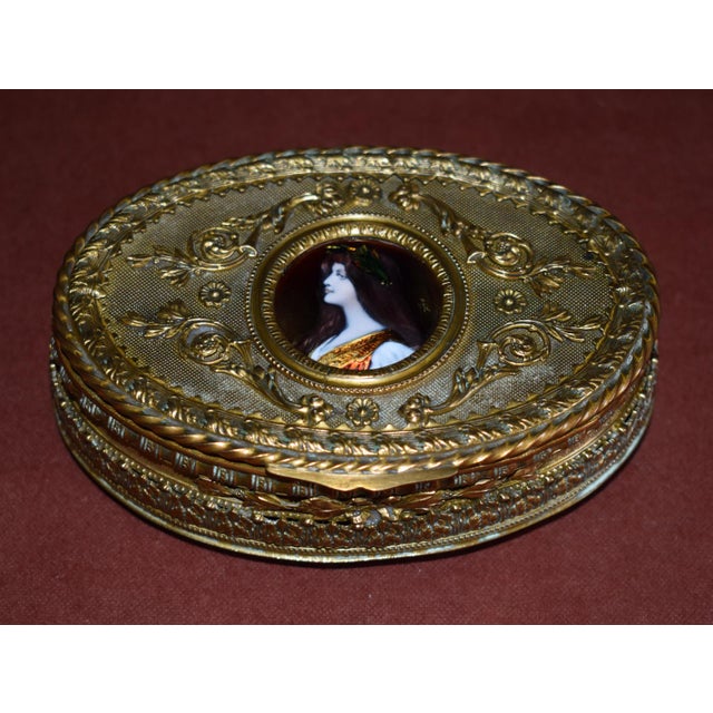 French Antique Bronze Casket Box French Ormolu Jewelry Hand Painted Enamel Portrait For Sale - Image 3 of 18