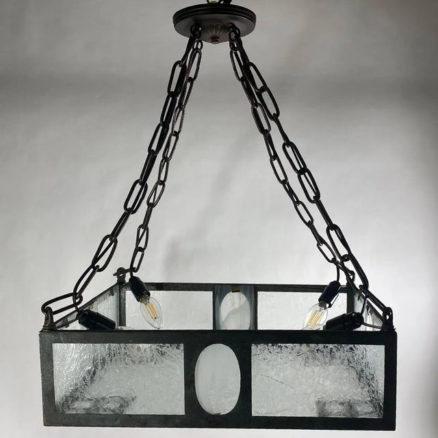 Early 20th Century Swedish Iron, Bronze and Crackle Glass Four-Light Pendant Light For Sale - Image 5 of 11