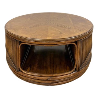 Mid 20th Century Pencil Reed Rattan Burlwood Inlay Round Coffee Table Gabriella Crespi Style Rare For Sale