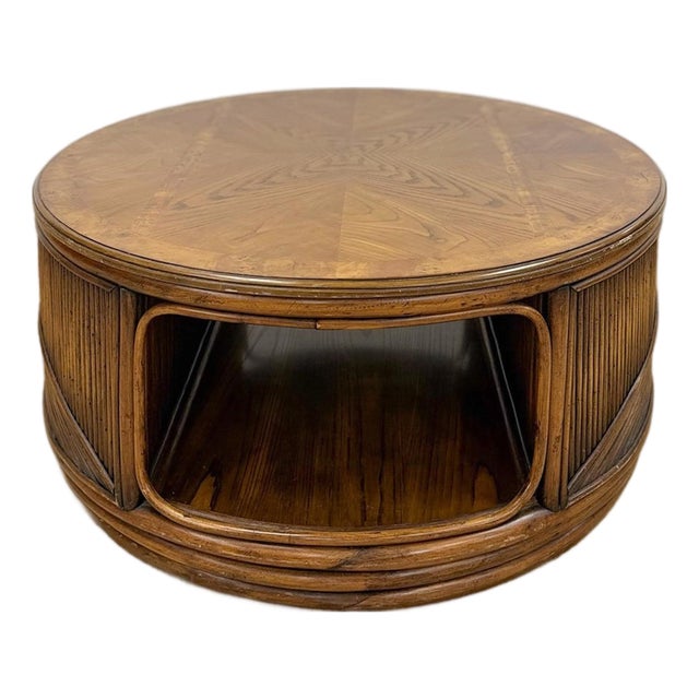 Mid 20th Century Pencil Reed Rattan Burlwood Inlay Round Coffee Table Gabriella Crespi Style Rare For Sale