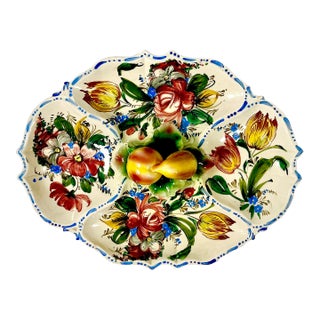 1960s Vintage Majolica Italian Nove Rose Boho Chic Oval Divided Serving Platter With Trompe L’Oeil Peaches Handle For Sale