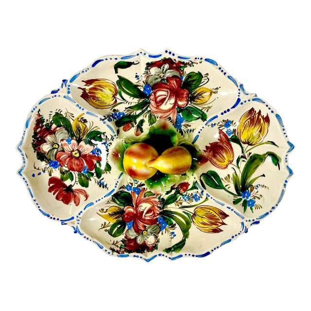 1960s Vintage Majolica Italian Nove Rose Boho Chic Oval Divided Serving Platter With Trompe L’Oeil Peaches Handle For Sale