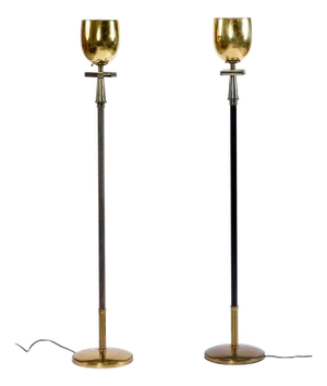 1960s Art Deco Regency Greek Key Brass Chalice Stiffel Torchiere Floor Lamps Set - a Pair