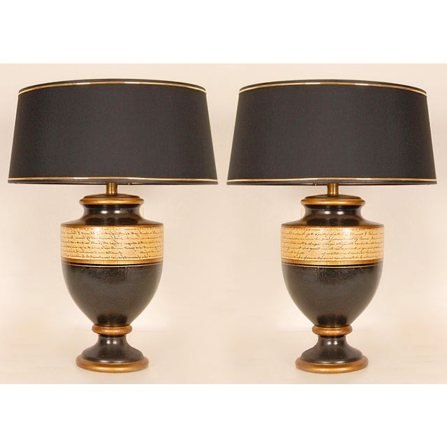 Vintage French Lamps Ceramic Baluster Vase Lamps Black Gold Cream - A Pair For Sale - Image 10 of 10