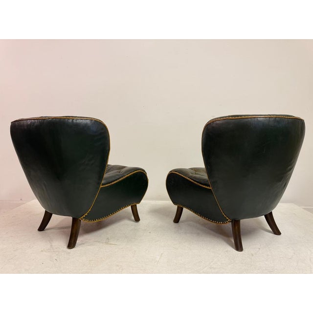 Danish Lounge Slipper Chairs in Green Patinated Leather, 1940s, Set of 2 For Sale - Image 10 of 18