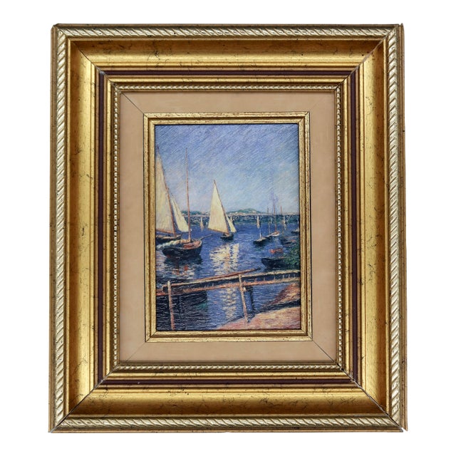 Vintage French Oil Painting on Canvas — Impressionist Style Harbor Scene With Sailboats, 20th Century For Sale